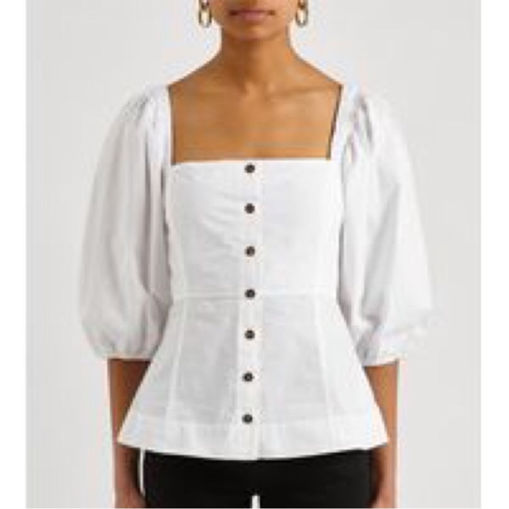 GANNI Puff Sleeve Cotton Poplin Shirt in White Sz 32 = US Sz 0